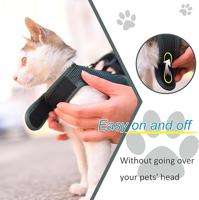 Cat Harness and Leash for Walking Escape Proof Breathable Mesh Fabric, Solid Green, XX-Large, Adjustable Cat Walking Jackets with Handle, Padded Stylish Cat Vest