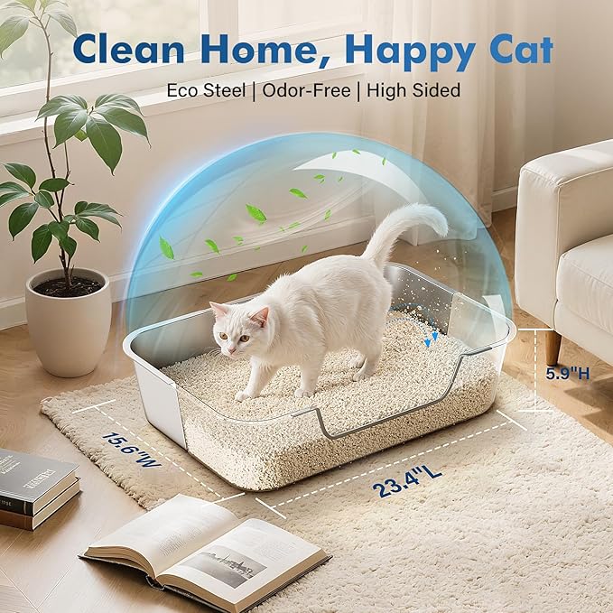 Stainless Steel Cat Litter Box with Low Entry, Metal Kitty Litter Box for Senior or Injured Cats, Odor-Free, Non-Stick, Easy to Clean, 17.5"x13.6"x5.9", Litter Pan for Medium and Small Cats
