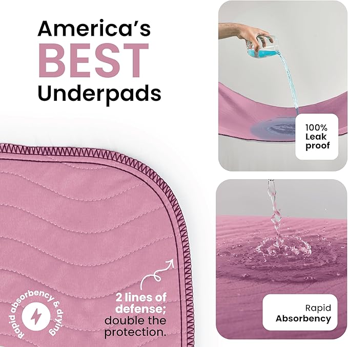 IMPROVIA® Washable Underpads, Heavy Absorbency Reusable Incontinence Pads for Kids, Adults, Elderly, and Pets, Waterproof Protection Floor (Pink and White, 34" x 36" - Pack of 4)