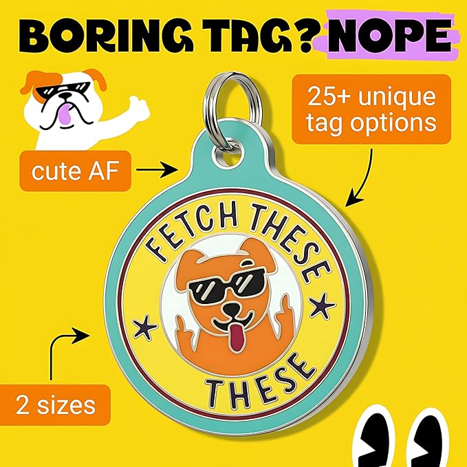 Bad Tags Personalized Dog and Cat ID Tags in 25+ Designs and 2 Sizes - 5 Lines of Custom Engraved Text - Funny Cute Personalized Pet Tags (Fetch These, Small (1 inch))