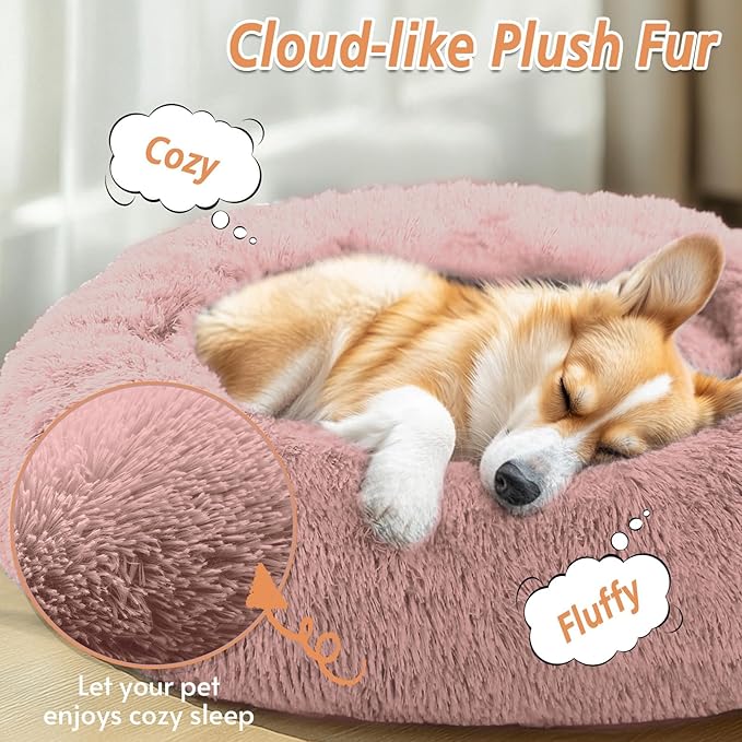 JOLLYVOGUE Calming Dog Bed Medium Size Dog, Anti-Anxiety Donut Medium Pet Bed, 31 inches Fluffy Faux Fur Round Cat Bed, Fits up to 45 lbs Pets (Dark Pink)