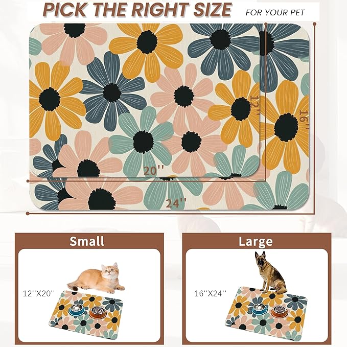 Abstract Daisy Flower Dog Food Mat for Floors,Retro Groovy Flowers Absorbent Pet Food and Water Bowl Mats,Non-Slip Pet Feeding Mat,Pet Supplies 12" x 20"