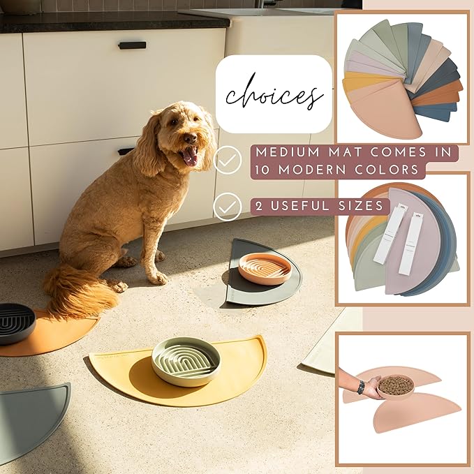 Should We Go - Waterproof Silicone Pet Food Mat - Non-Slip, Spill-Proof Feeding Mat for Floors, Raised Edge Design, Easy-to-Clean Pad for Dog & Cat Bowls, 21" Across x 10.5" Deep, Medium-Sage Green