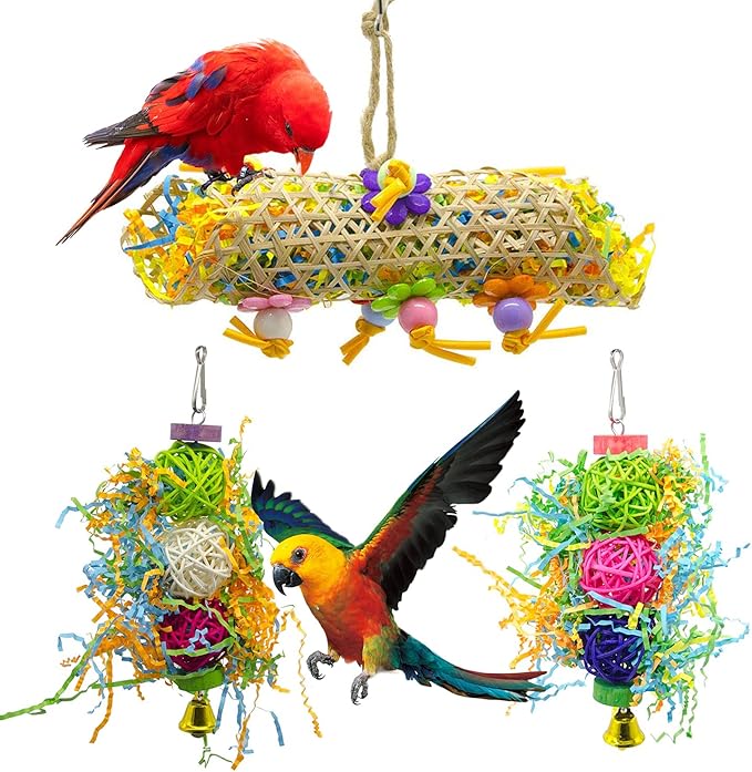 EBaokuup 3Pack Bird Chewing Toys Foraging Shredder Toy Parrot Cage Bird Loofah Hanging Toy for Cockatiel Conure African Grey Parrot