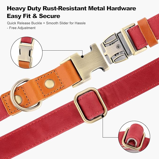 Plutus Pet Genuine Leather & Hemp Dog Collar – Adjustable Heavy Duty Pet Collar with Quick Release Metal Buckle, Soft & Stylish for Puppy and Small, Medium, Large Dogs (Red, S)