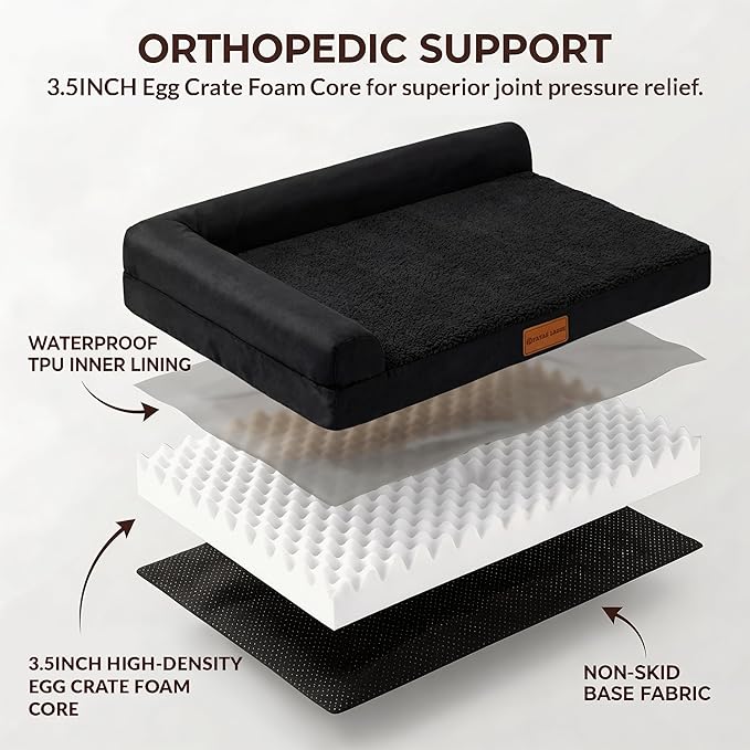 Patas Lague Orthopedic Dog Bed Large Sized Dog 36''X24'', Waterproof L Bolster Medium Pet Sofa Beds with Removable Washable Cover, Soft Comfortable Pet Couch Crate Mat with Nonskid Bottom, Black