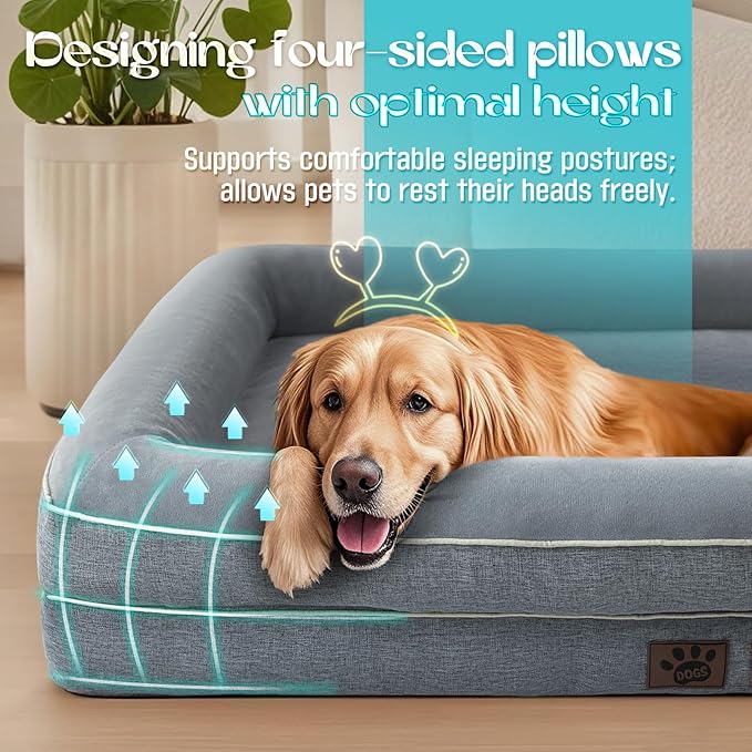 Waterproof Memory Foam Dog Beds for Extra Large Dogs Non-Slip Orthopedic Dog Beds Washable Couch Pet Bed with Removable Cover (Grey, Large)