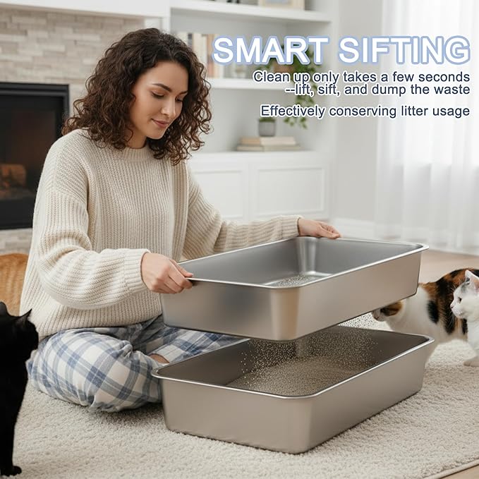 Teheao 2 Pack Stainless Steel Sifting Cat Litter Box for Clumping Litter, Kitty Large Metal Sifter Tray Pan with Cat Litter Bag, Low Dust, Odor Control, Easy Cleaning (17.7"*13.8"*5.9")