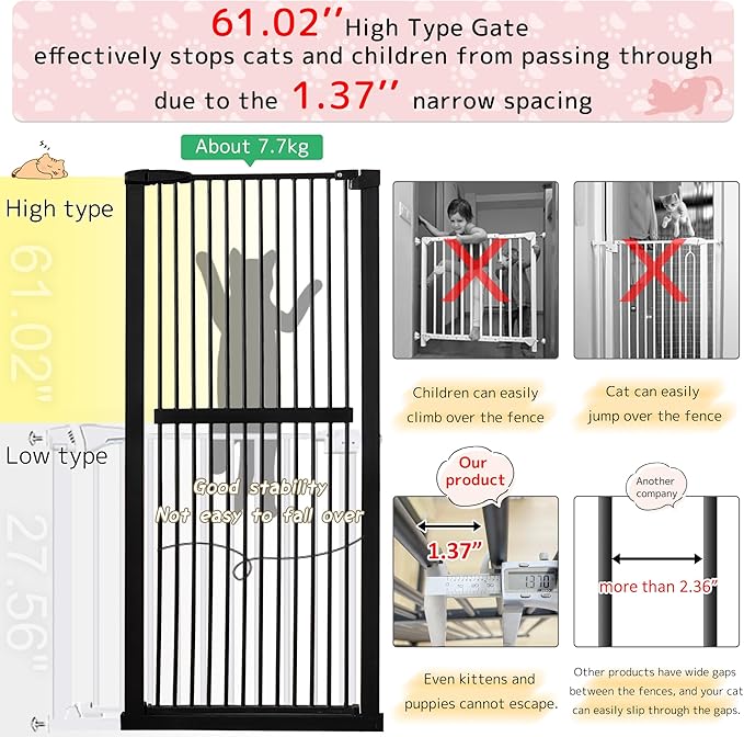 Lumizone Extra Tall Cat Gate 61.02" High Pressure Mounted Extra Wide 38.39"-42.51" (17Sizes) 1.37" Gap No Drilling Auto-Close Tall Pet Gate for Dogs (Black, 38.39"-42.51" W)