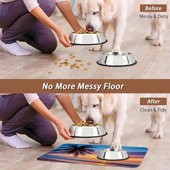 Tropical Palm Pet Feeding Mat,Sunset Trees Sea Beach Absorbent Quick-Dry Cat Dog Food and Water Bowl Mats, Non-Slip Rubber Backing Mat, Cat Dog Accessories Supplies 16"x24"