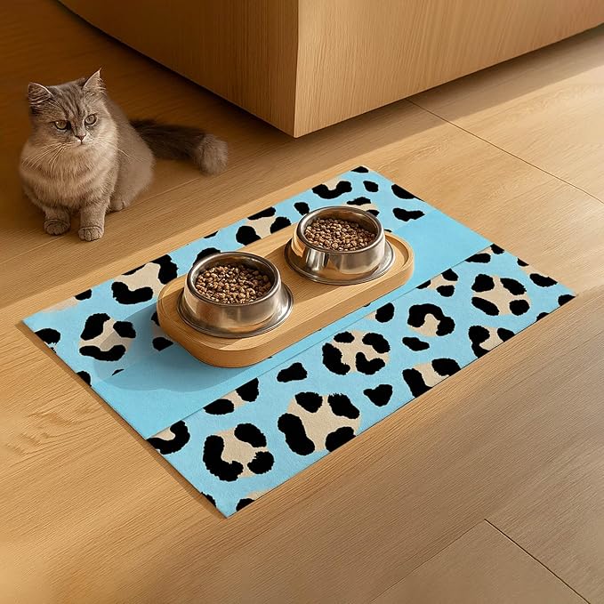 Puppy Feeding Mat 20x12 inch Blue Leopard Print Dog Bowl Placemat Non Slip Mat for Pet Food and Water Small Dog Feeding Area Indoor Puppy Food Station Pet Meal Mats for Kitchen Floor Use