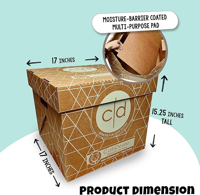 Cats Desire Litter Box - Disposable Litter Box Pack (6 pcs) - Top/Low Entry - Includes 2 lids, 2 Bases and 2 Multipurpose Pads - Partially Recycled Cardboard, 17" L x 17" W x 15.25" H