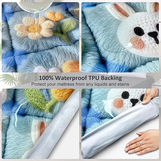 Waterproof Mattress Protector Queen, Fitted Sheet Style Breathable Mattress Cover with Deep Pocket Fits Up to 18'', Machine Washable Noiseless Bed Cover for Kids Adults Pets (Squares, 60'' X 80'')