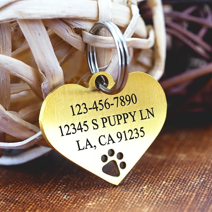Ultra Joys Dog Tags Personalized for Pets - Hollow Paw Custom Pet ID Tag - Engraved Dog Tag for Small, Large Dogs - Large Heart in Gold