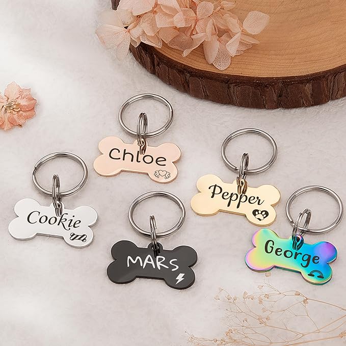 Anavia Small Size Dog Cat ID Tags, Small/XS Personalized Color Plated Stainless Steel Puppy Kitten Name Tags, Customized Engraved Nameplate Pet Collar Tag (Gold, Bone)