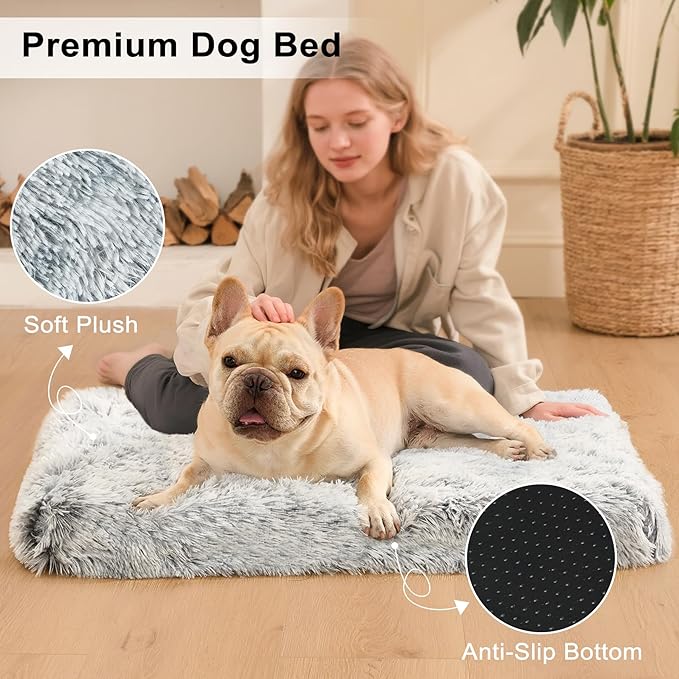 Fluffy Orthopedic Dog Beds for Large Dogs with Washable Removable Cover Dog Crate Bed Egg Crate Foam Support Plush Pet Pad Mat with Anti-Slip Bottom(Grey,42 * 28)