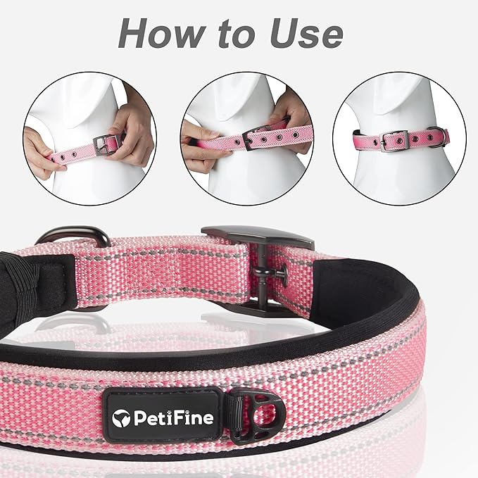 PetiFine Neoprene Padded Dog Collar, Heavy Duty Comfort Dog Collar with Durable Metal Buckle, Reflective Adjustable Belt Buckle Dog Collars for Small Medium Large Dogs(14.5''-19'', Pink)