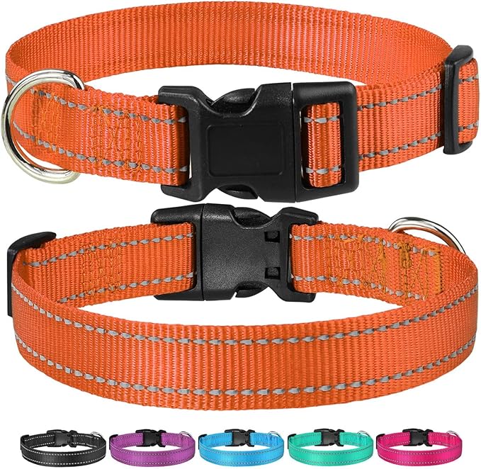Reflective Dog Collar with Buckle Adjustable Safety Nylon Collars for Small Medium Large Dogs, Orange XS