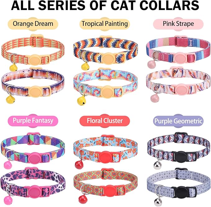 Breakaway Cat Collars for Girl Boy Cats, Spring Summer All Weather Cat Collar Personalized Pattern 2 Pack,Cute Classic Safety Buckles and Bells,Adjustable Printed Nylon Colorful Kitten Collar