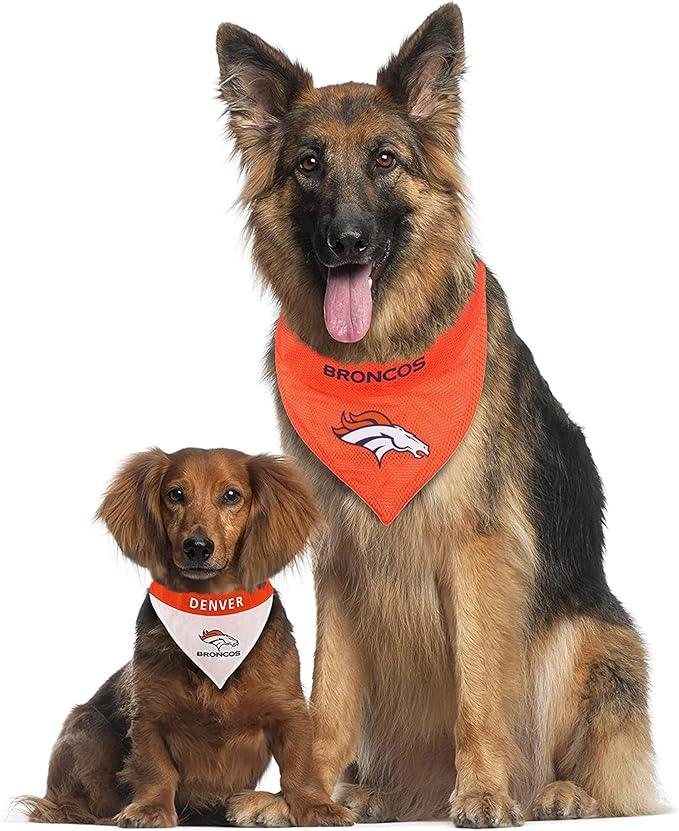 Pets First NFL DOG BANDANA - DENVER BRONCOS REVERSIBLE PET BANDANA. 2 Sided Sports Bandana with a PREMIUM Embroidery TEAM LOGO, Small/Medium. - 2 Sizes & 32 NFL Teams available