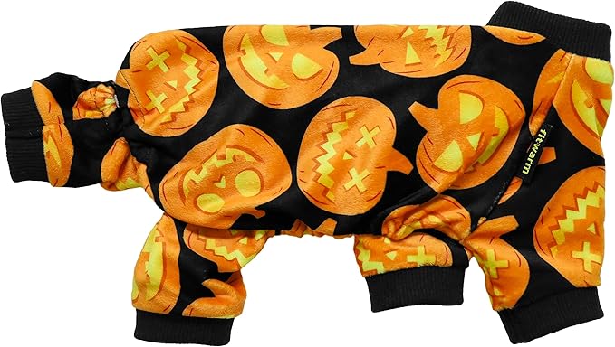 Fitwarm Halloween Pumpkin Dog Pajamas, Funny Dog Winter Clothes for Small Dogs Girl Boy, Pet Jumpsuit, Cat Halloween Costumes with Feet, Lightweight Velvet, Black, Orange, XXL