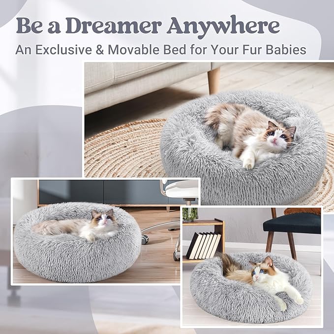 rabbitgoo Cat Beds for Indoor, 20 inches Machine Washable, Fluffy Round Pet Bed Non-Slip, Calming Soft Plush Donut Cuddler Cushion Self Warming for Small Dogs Kittens, Light Grey, Medium