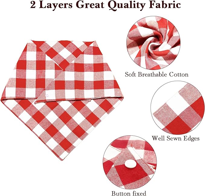 Christmas Plaid Bandana with Button, Fall Dual Layer Soft Cotton Triangle Dog Scarf Kerchief Washable Girl Boy Bandanas Adjustable Accessories for Small Medium Large Extra Large Puppy Pet