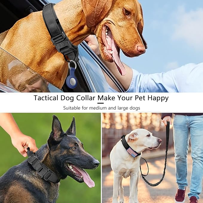 DAGANXI Tactical Dog Collar Leash Set, Adjustable Military Training Nylon Dog Collar with Controll Handle and Heavy Metal Buckle for Medium and Large Dogs，with Patches and Airtags Case (XL, Black-SET)