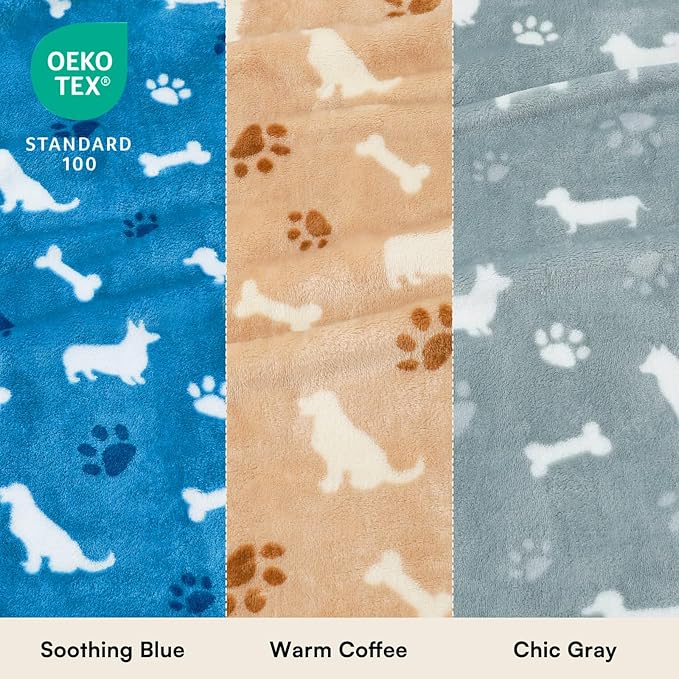 Luciphia 1 Pack 3 Dog Printed Fleece Pet Blankets Washable，Soft Warm Throw Covers for Crate Couch Bed，Cozy Puppy Essentials for Dogs and Cats， Blue/Grey/Khaki, Large (41x31 inch)