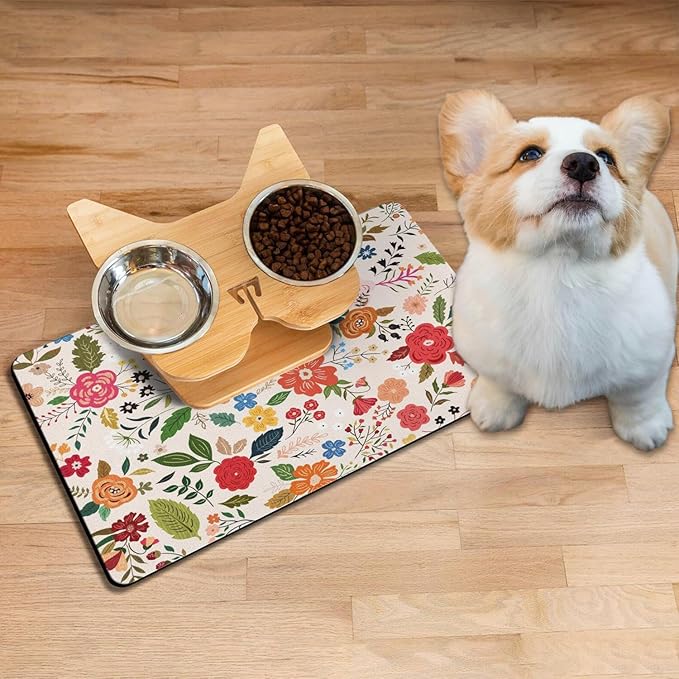 Absorbent Pet Dog Bowl Mat for Food and Water, Pet Cat Food Feeding Mat with Non Slip Rubber Backing, Dog Food Mats for Floors Waterproof, 16"x24"