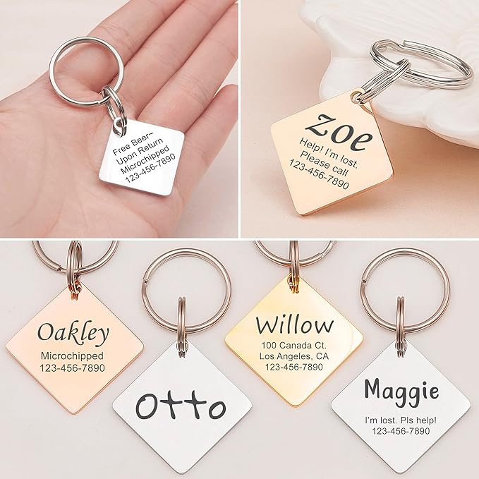 Anavia Personalized Pet ID Tags, Stainless Steel Glossy Laser Engraved Dog Cat Collar Name Tags, Multiple Colors Shapes Sizes (Diamond, Small)