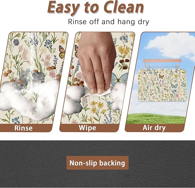 Wildflowers Dog Cat Food Mat,Vintage Botanical Garden Plants Herb Butterfly Absorbent Pet Feeding Mat for Food and Water,Non-Slip Dog Bowl Mats Floor Protector 16"x24"