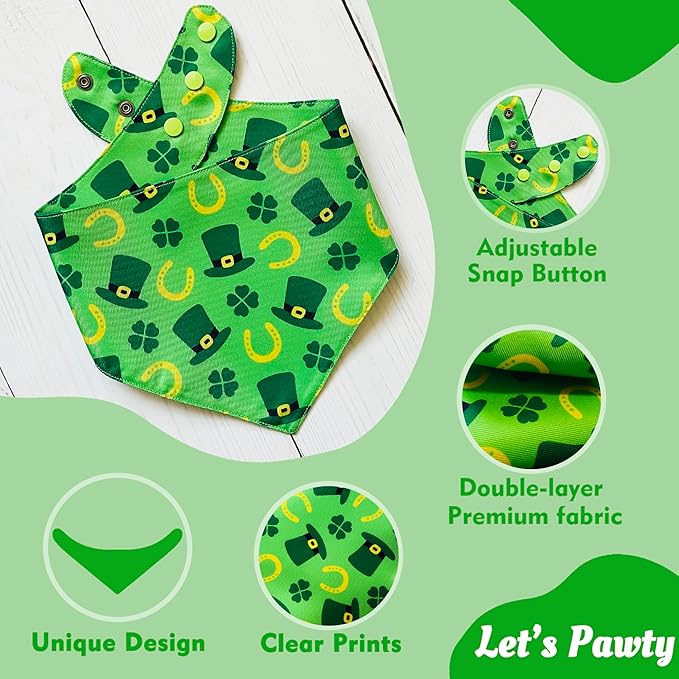St. Patrick's Day Dog Bandanas with Snap Button, 2 Pack Reversible Shamrock Dog Scarf for Boy & Girl, Durable Fabric, Gift for Dogs, Holiday Bandana for Large and Extra Large Dogs (X-Large)