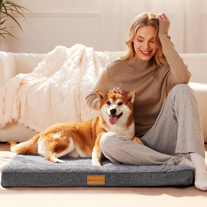 Patas Lague Orthopedic Dog Bed Large Sized Dog 36''X24'',Soft Waterproof Egg Crate Foam Medium Pet Crate Beds Mat with Removable Washable Cover and Non-Slip Bottom, Light Grey
