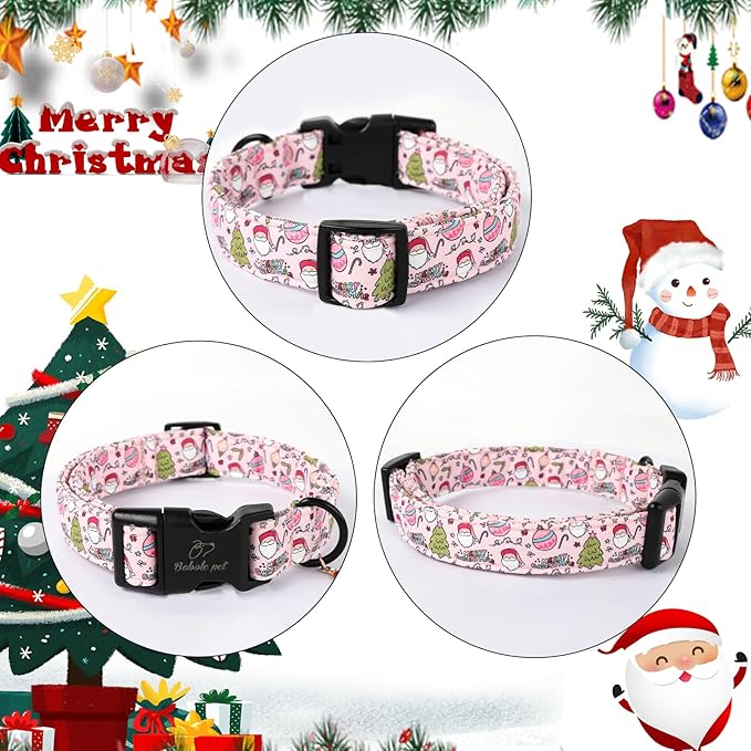 Christmas Dog Collar for Large Dogs - Cute Santa Print Pink Christmas Collars for Dogs, Soft Adjustable Winter Holiday Dog Collars with Quick Release Buckle L