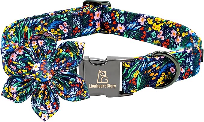 Lionheart glory Dog Collar Darkblue Flower Dog Bow Collars Floral Dog Collar with Flower Male or Female Spring Fall Pet Gift Durable Adjustable Dog Collar for Medium Dogs, B:Garden