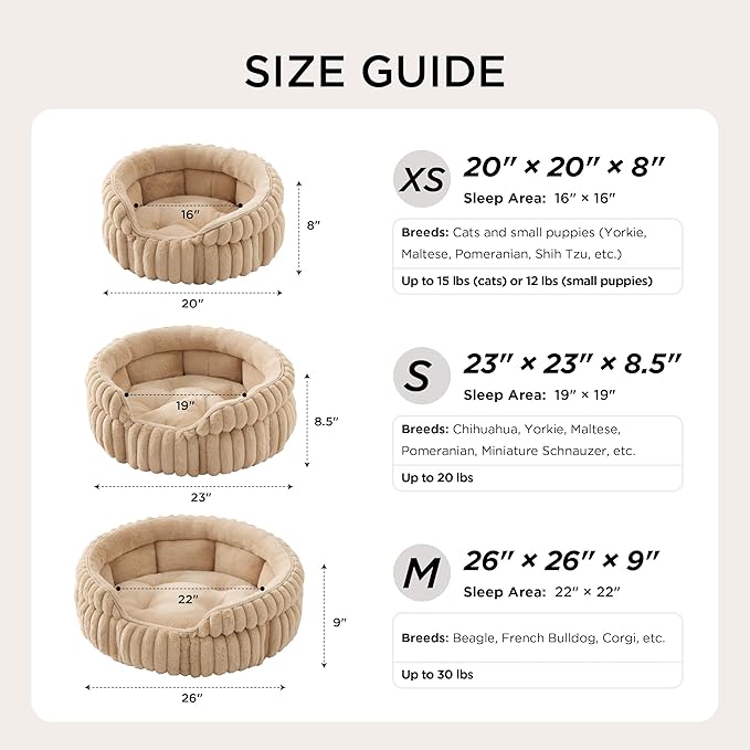 Bedsure ComfyFleece™ Small Cat Bed, Washable Round Cute Pet Beds for Indoor Cats, Super Soft Corduroy Kitten Bed with Anti-Slip Bottom, 20''x20''x8'', Sandy Beige
