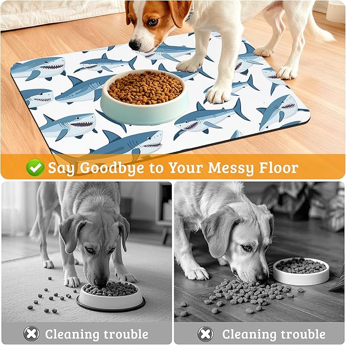Shark Dog Food Mat,Wild Fish Absorbent Pet Feeding Mat for Food and Water Bowl,Quick Dry Dog Placemat Non Slip Rubber Backing Waterproof Pet Supplies 12" x 20"