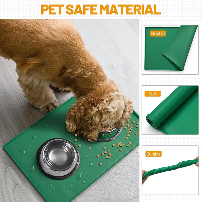 Hubulk Dog Feeding Mat,100% Waterproof Food Grade Silicone Pet Food and Water Bowl Placemat,Dishwasher, High Raised Edge to Prevent Spills,Nonslip Tray to Stop Messes on Floor（32"x24"x1.0",Hunter）