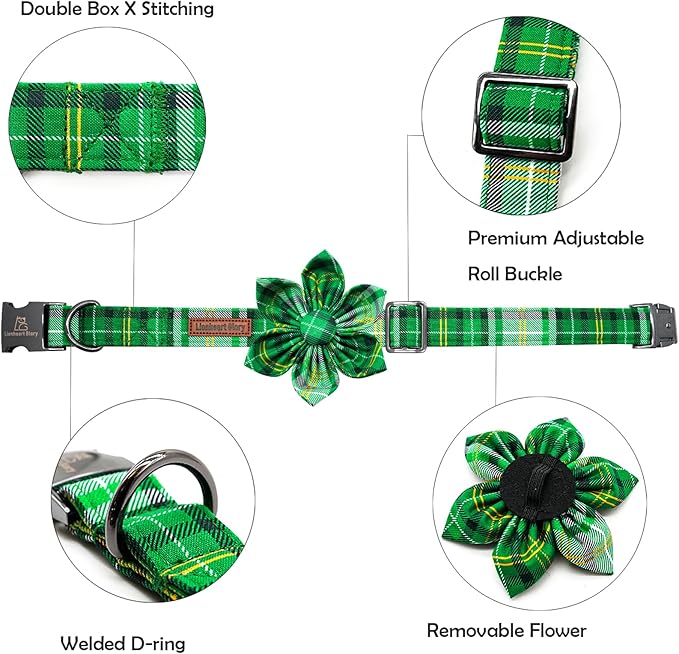 Lionheart glory St. Patrick's Day Dog Collar with Flower Dog Collar for Medium Dogs, Green Plaid Cute Collars Spring Dogs Collars Flower Puppy Heavy Duty Cute