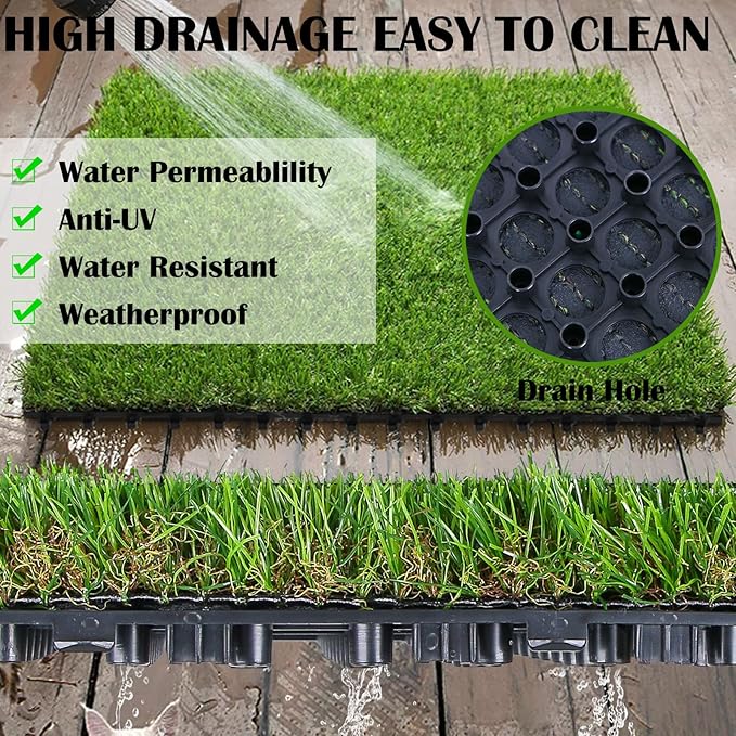 XLX TURF Interlocking Fake Grass Tiles for Dogs Potty - Pets Friendly Artificial Grass for Dog Kennel Outdoor Patio Balcony & Home Decor - 12"x12" 12 Pack