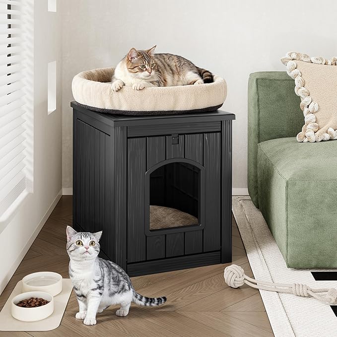 Litter Box Enclosure, Waterproof & Weatherproof Plastic Cat House for Indoor Outdoor Use, Multi-Functional Hidden Litter Box Furniture for Living Room, Backyard, Patio, Garage (Black)