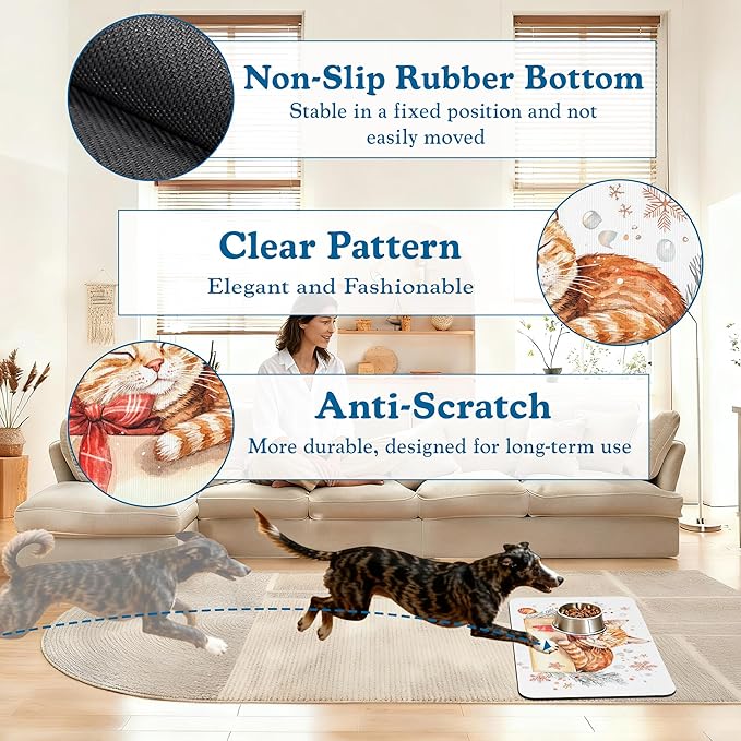 Cat Dog Cat Food Mat–Christmas Stocking Absorbent Waterproof Placemat for Food and Water Bowls, Non Slip Rubber Backing, Feeding Mat for Clean Floors 16"x24"