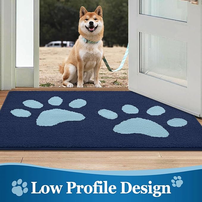Buganda Dog Door Mat for Muddy Paws, Absorbent Dirt Trapper Washable Indoor Doormats, Non Slip Low-Profile Mud Mat for Dogs, Front Entrance Doormat for Inside Floor (30x20 Inches, Dark Blue)