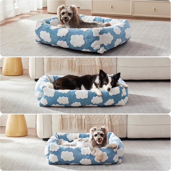 JOEJOY Cute Dog Bed Medium Size Dog, Rectangle Soft Furry Dog Beds for Large Medium Dogs, Washable Orthopedic Pet Bed with Removable Zipper Cover, Blue