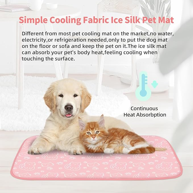 NWK Pet Cooling Mat - Ice Silk Cooling Mat for Dogs & Cats Portable & Washable Pet Cooling Blanket, Car Seats, Beds for Summer (1, Pink Cat, 16’’ X 20’’ X 0.3)