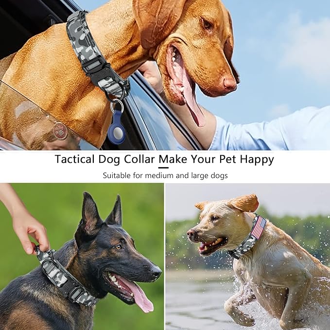 DAGANXI Tactical Dog Collar, Adjustable Military Training Nylon Dog Collar with Control Handle and Heavy Metal Buckle for Medium and Large Dogs, with Patches and Airtags Case (M, Camo)