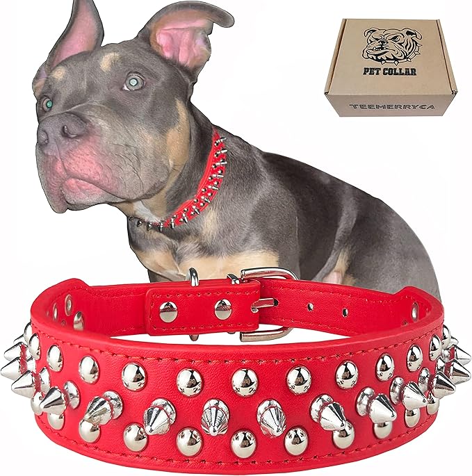 TEEMERRYCA Adjustable Microfiber Leather Spiked Studded Dog Collars with a Squeak Ball Gift for Small Medium Large Pets Like Cats/Pit Bull/Bulldog/Pugs/Husky, Red, XL 17.7-20.5 inches