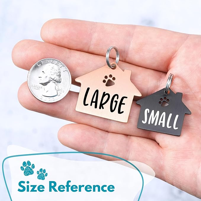 Ultra Joys Dog Tags Personalized for Pets - Hollow Paw Custom Pet ID Tag - Engraved Dog Tag for Small, Large Dogs - Small House in Rose