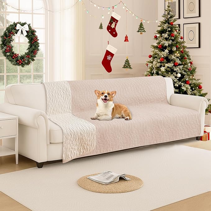Waterproof Dog Blanket, Non-Slip Soft Pet Bed Cover, Couch Cover for Dogs Washable, Protects Sofa, Furniture, Crate, Car, Tear Resistant Leakproof Pet Blanket (82x82 Inch, Beige)